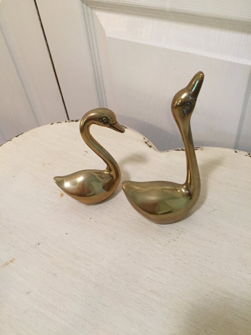 Vintage Brass Pair of Swan Bird Figurine Decor MCM 6" & 4" Graceful Solid MCM N
